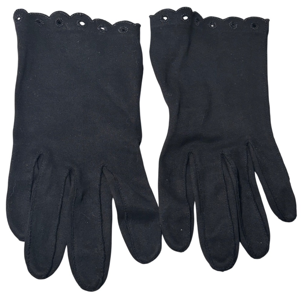 VTG Black Crescendoe Gloves Scalloped Eyelet Wrist Length Size 7